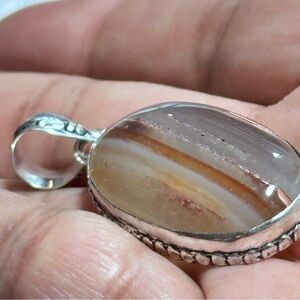 Botswana Agate Pendant Necklace in Silver tone Metal Large Bezel Set Geematone
